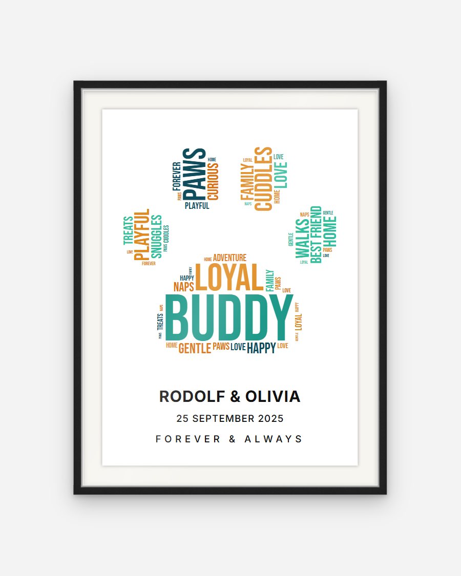 Word Cloud Poster: Paw print – personalised framed poster preview