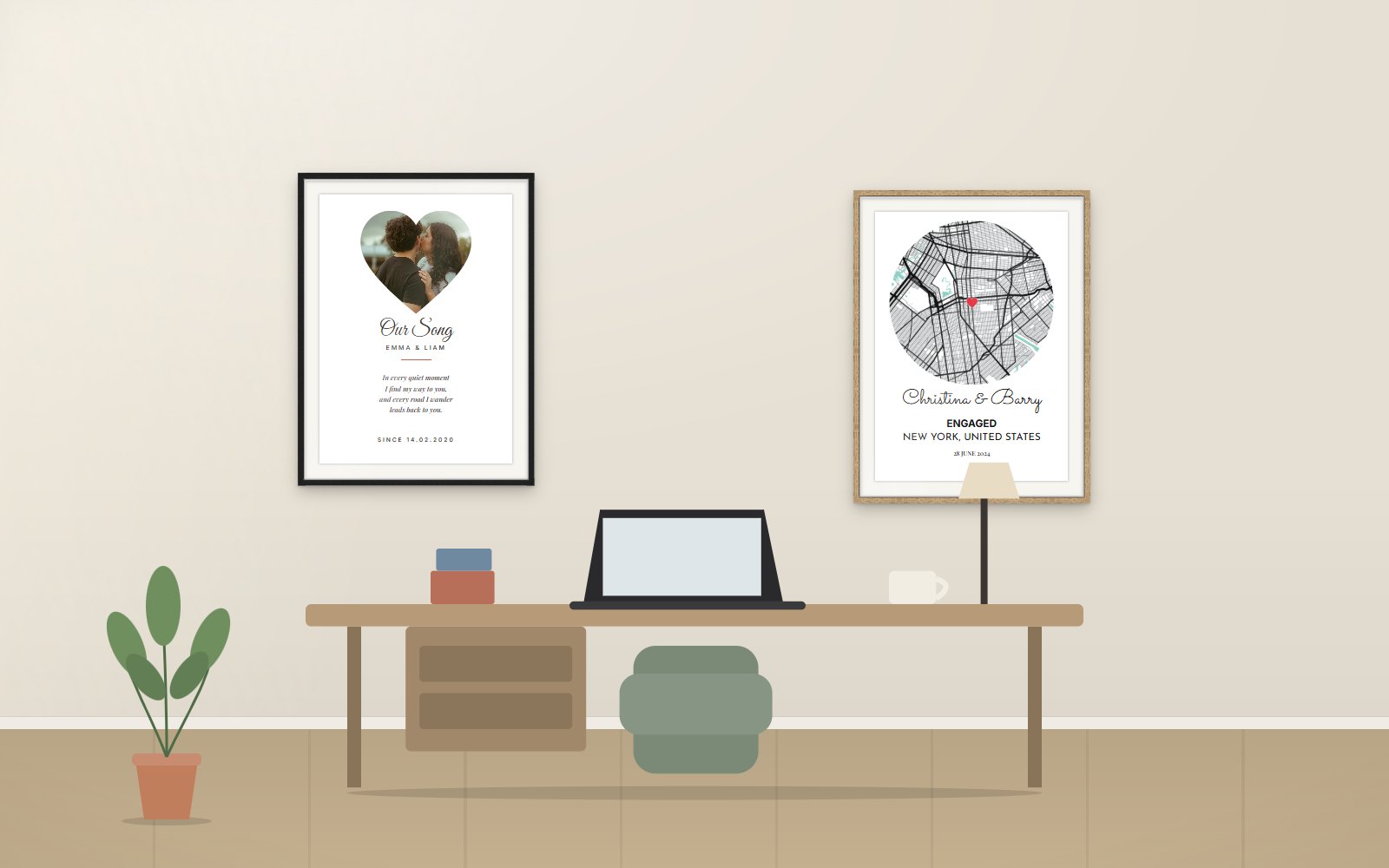 A desk with two framed personalised posters on the wall