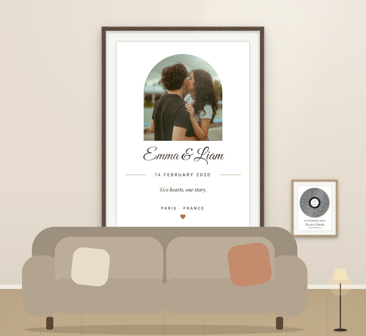 A framed personalised photo poster above a sofa